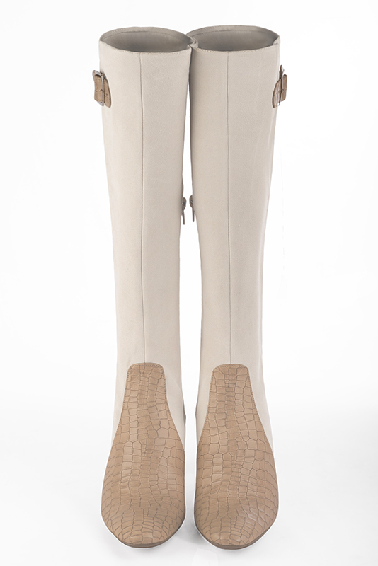 Tan beige and off white women's knee-high boots with buckles. Round toe. High block heels. Made to measure. Top view - Florence KOOIJMAN